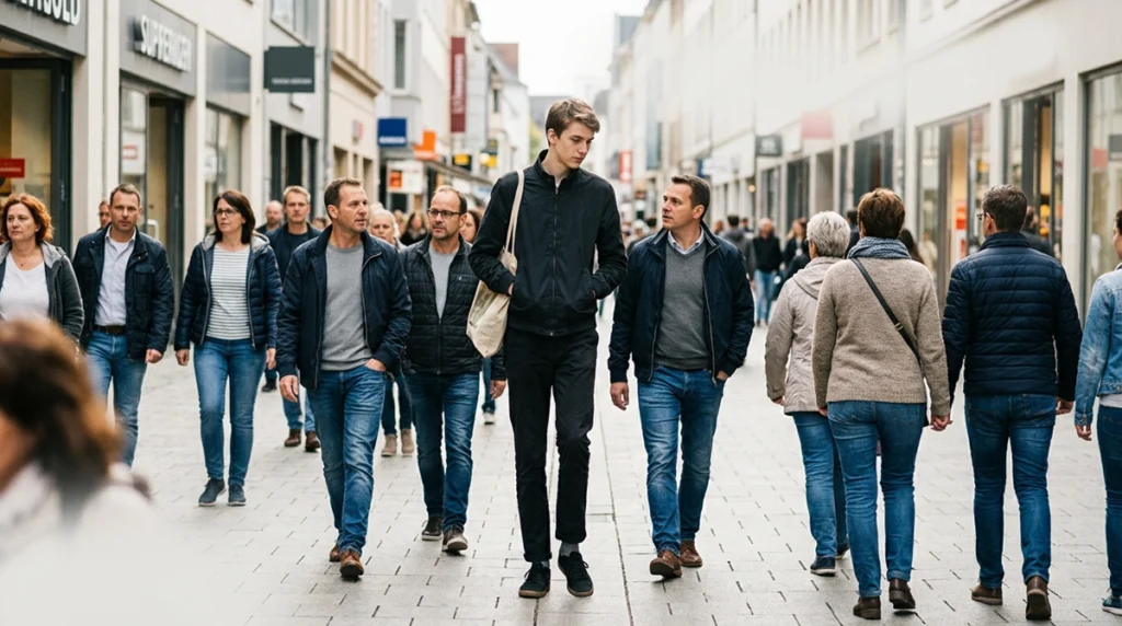 Ein sehr großer Teenager mit Rucksack läuft sichtbar herausragend durch eine belebte Fußgängerzone. Die anderen Passanten reichen ihm etwa bis zur Schulter. Sein zurückhaltender Blick und seine leicht angespannte Körperhaltung vermitteln, dass er sich wegen seiner Größe von der Menge abhebt.